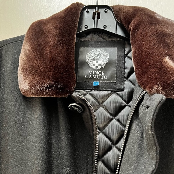 Vince Camuto Men's Black Wool Blend Coat with Brown Faux Fur Collar- Size Large - Picture 1 of 6